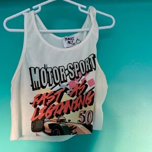 Princess Polly white cropped tank top “Motor Sport Fast as Lightning”
